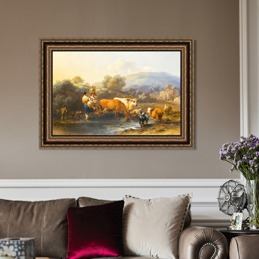 INVIN ART Framed Canvas Art Giclee Print Peasants with Cattle fording a Stream by Nicolas Poussin Wall Art Living Room Home Office Decorations