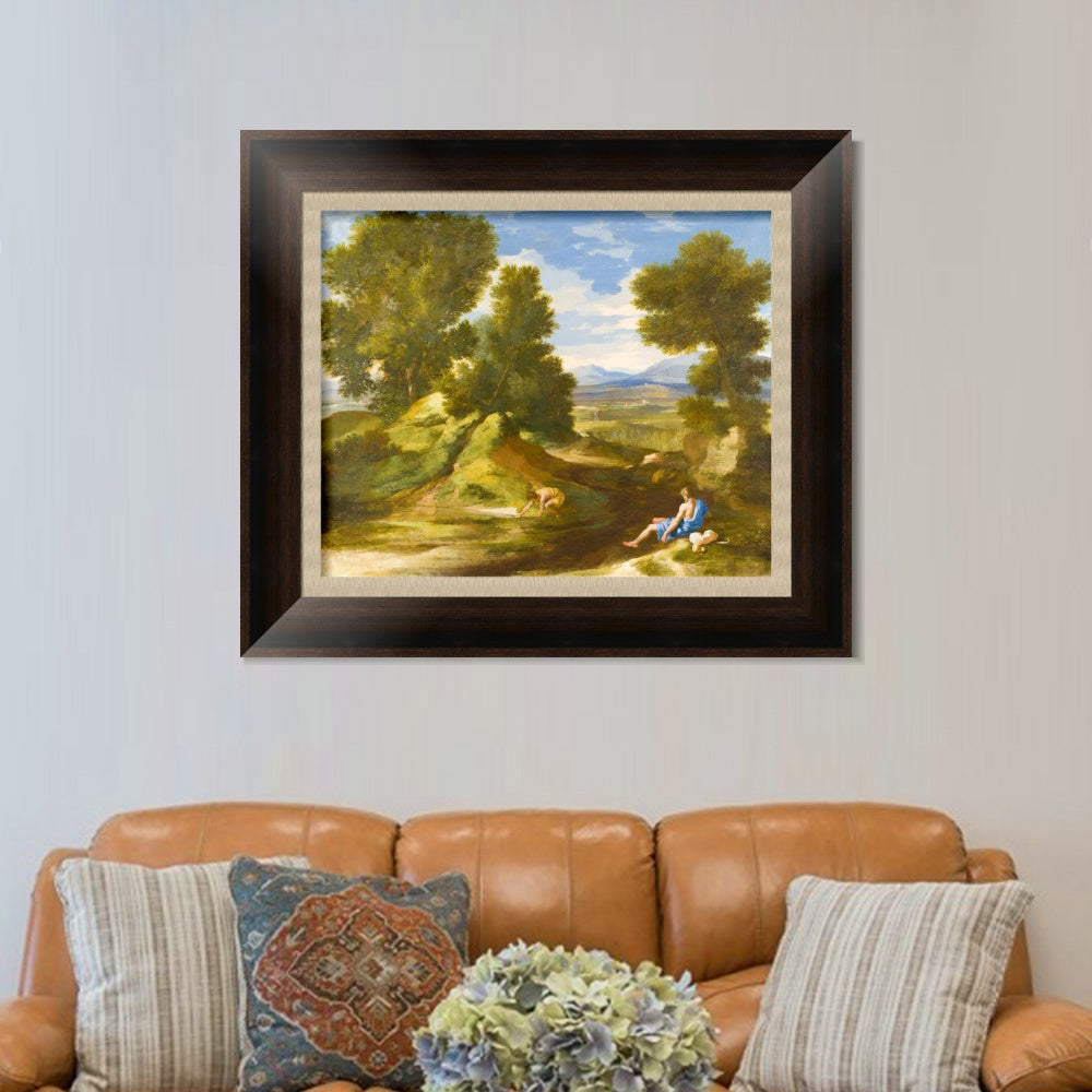 INVIN ART Framed Canvas Art Giclee Print Landscape with a Man scooping Water from a Stream by Nicolas Poussin Wall Art