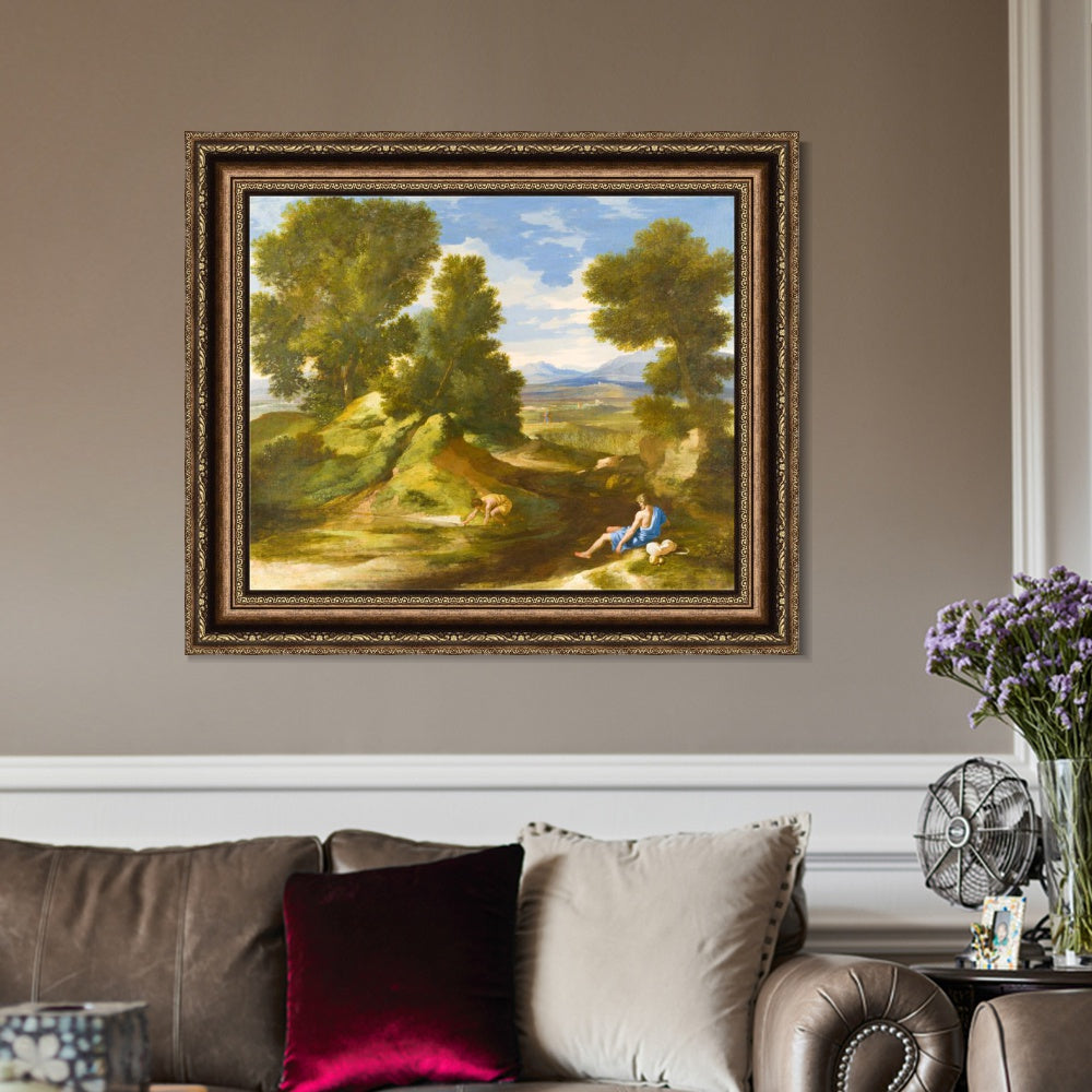 INVIN ART Framed Canvas Art Giclee Print Landscape with a Man scooping Water from a Stream by Nicolas Poussin Wall Art
