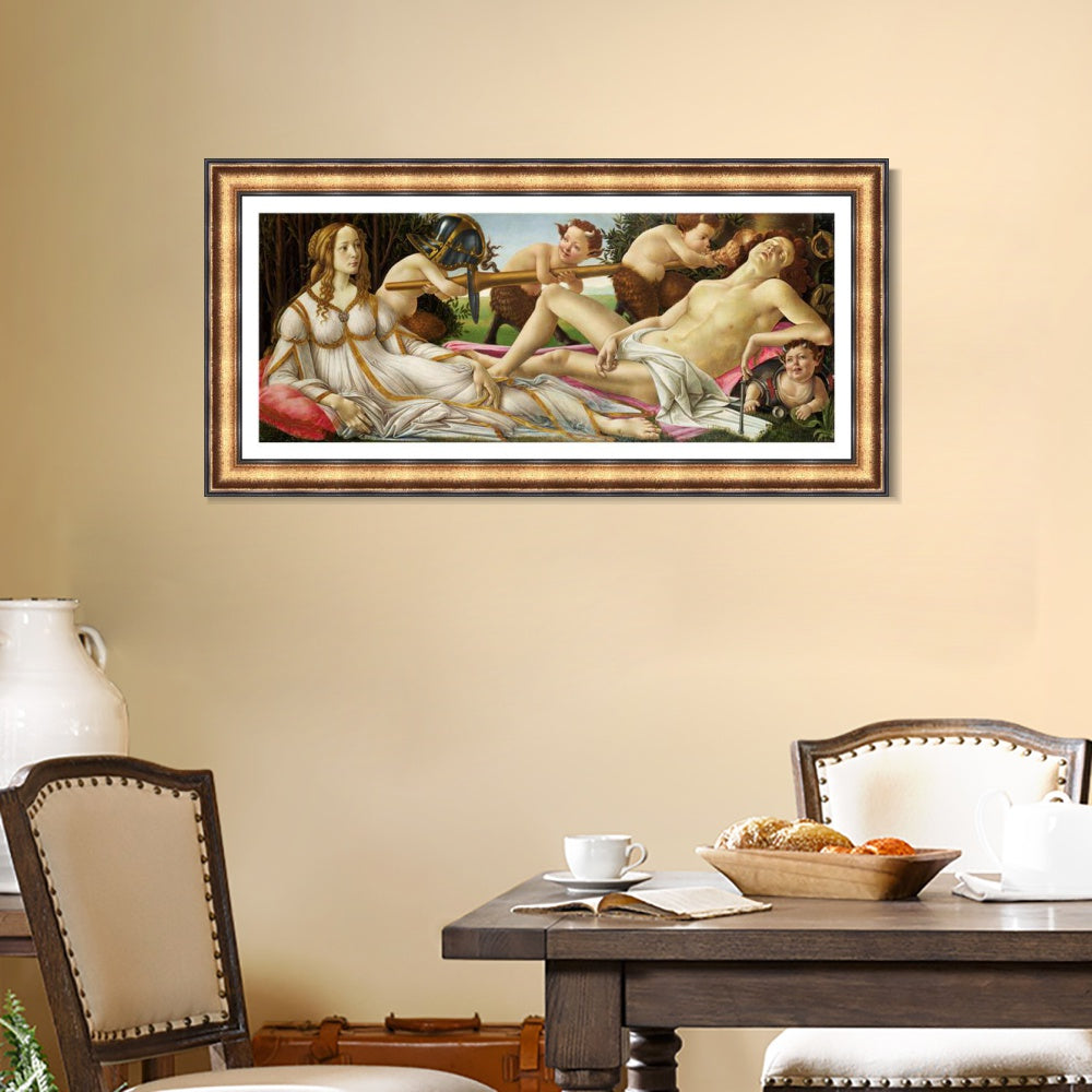 INVIN ART Framed Canvas Art Giclee Print Venus and Mars by Sandro Botticelli Wall Art (European Retro Golden Frame with Linen Liner,22"x48")