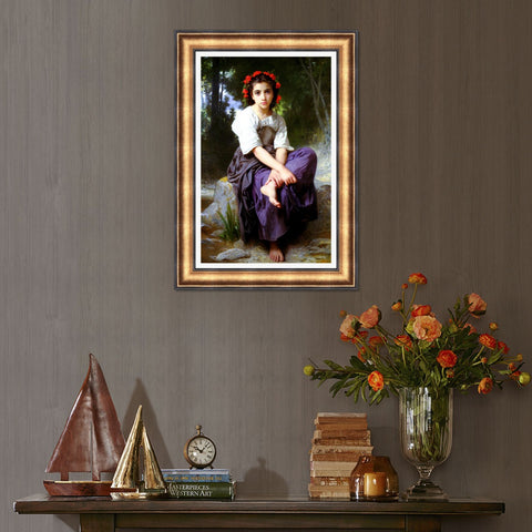 INVIN ART Framed Canvas Art Giclee Print Little Girl With Flowers in Her Hair,At the Edge of the Brook by William Adolphe Bouguereau
