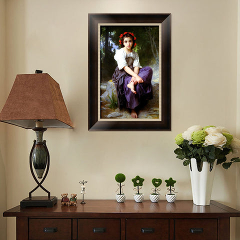 INVIN ART Framed Canvas Art Giclee Print Little Girl With Flowers in Her Hair,At the Edge of the Brook by William Adolphe Bouguereau