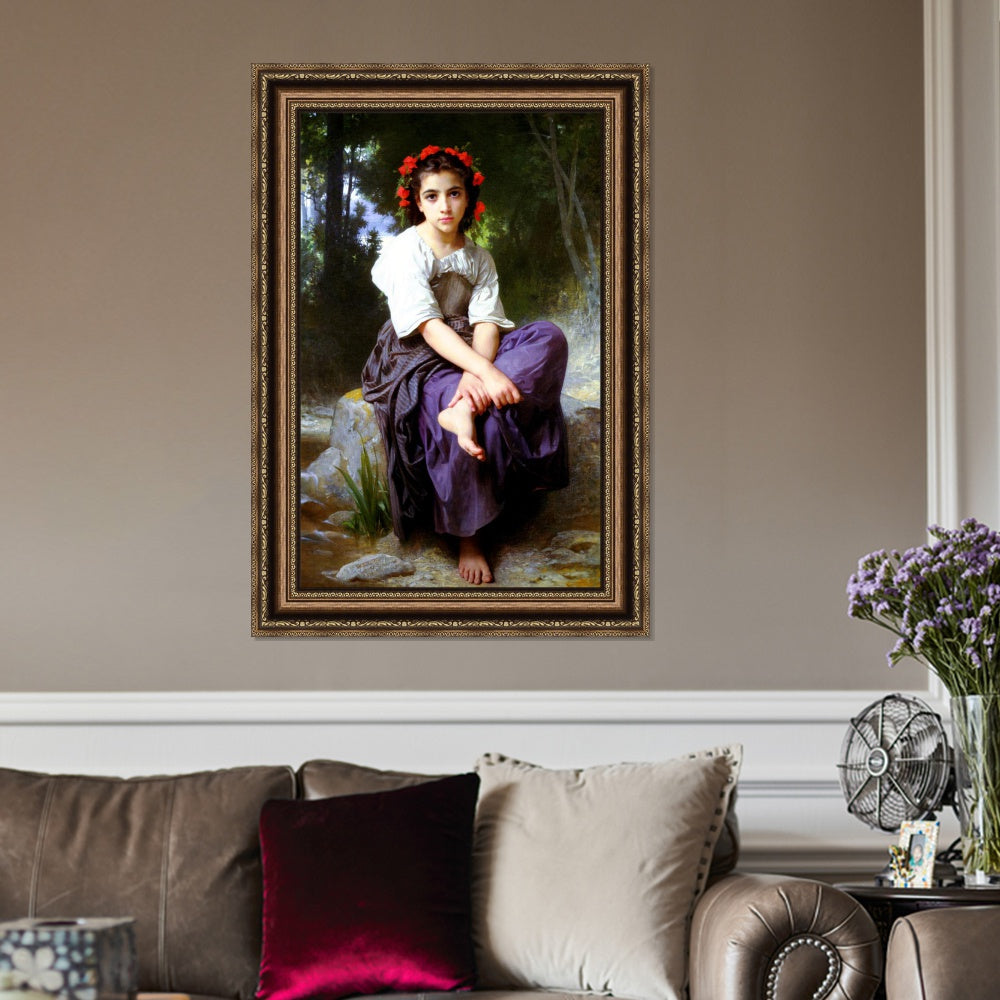 INVIN ART Framed Canvas Art Giclee Print Little Girl With Flowers in Her Hair,At the Edge of the Brook by William Adolphe Bouguereau