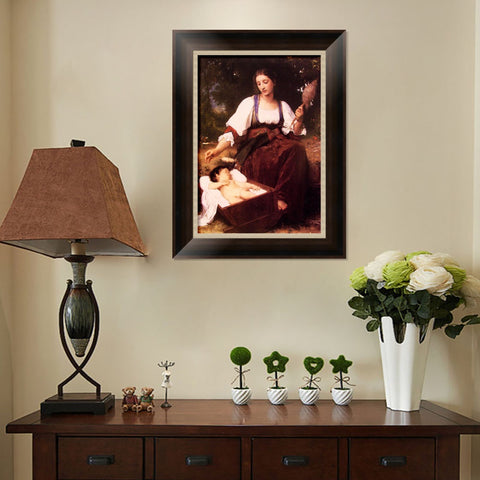 INVIN ART Framed Canvas Art Giclee Print Lullaby by William Adolphe Bouguereau Wall Art Living Room Home Office Decorations