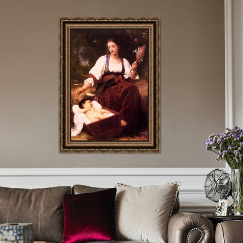 INVIN ART Framed Canvas Art Giclee Print Lullaby by William Adolphe Bouguereau Wall Art Living Room Home Office Decorations