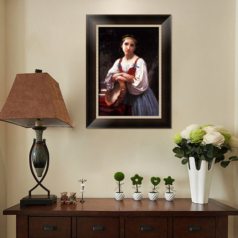 INVIN ART Framed Canvas Art Giclee Print Gypsy Girl with a Basque Drum by William Adolphe Bouguereau Wall Art Living Room Home Office Decorations