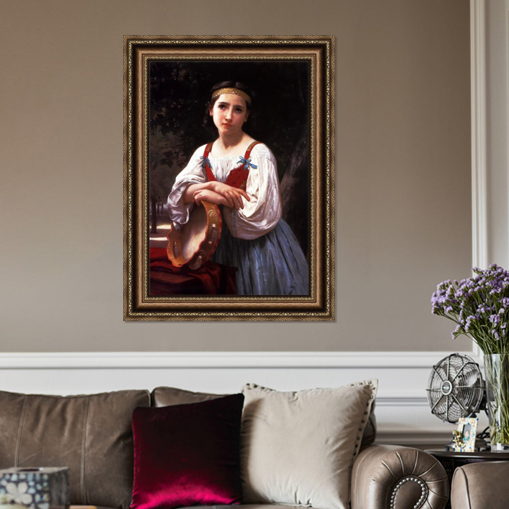 INVIN ART Framed Canvas Art Giclee Print Gypsy Girl with a Basque Drum by William Adolphe Bouguereau Wall Art Living Room Home Office Decorations