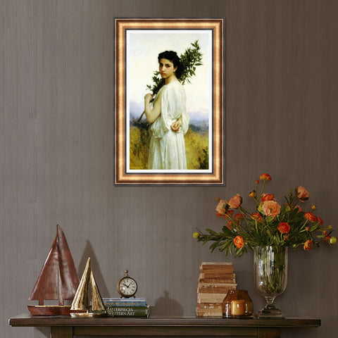 INVIN ART Framed Canvas Art Giclee Print Young Woman Holding A Laurel Branch by William Adolphe Bouguereau Wall Art Living Room Home Office Decorations