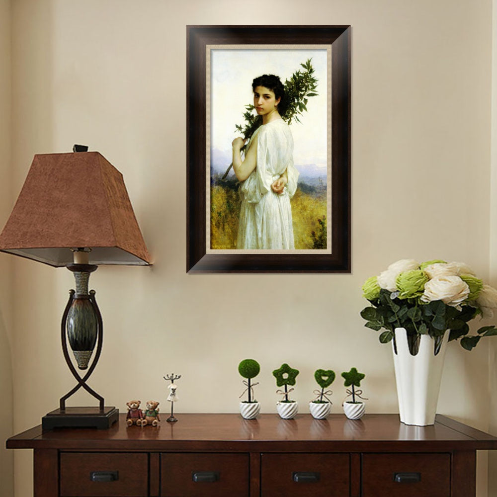 INVIN ART Framed Canvas Art Giclee Print Young Woman Holding A Laurel Branch by William Adolphe Bouguereau Wall Art Living Room Home Office Decorations