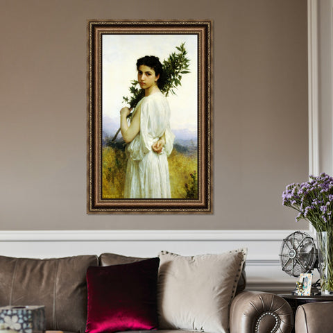 INVIN ART Framed Canvas Art Giclee Print Young Woman Holding A Laurel Branch by William Adolphe Bouguereau Wall Art Living Room Home Office Decorations