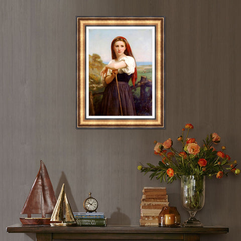 INVIN ART Framed Canvas Art Giclee Print Young Shepherdess,1868 by William Adolphe Bouguereau Wall Art Living Room Home Office Decorations