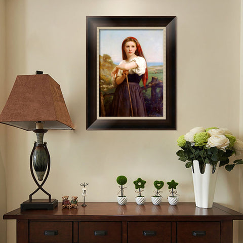 INVIN ART Framed Canvas Art Giclee Print Young Shepherdess,1868 by William Adolphe Bouguereau Wall Art Living Room Home Office Decorations