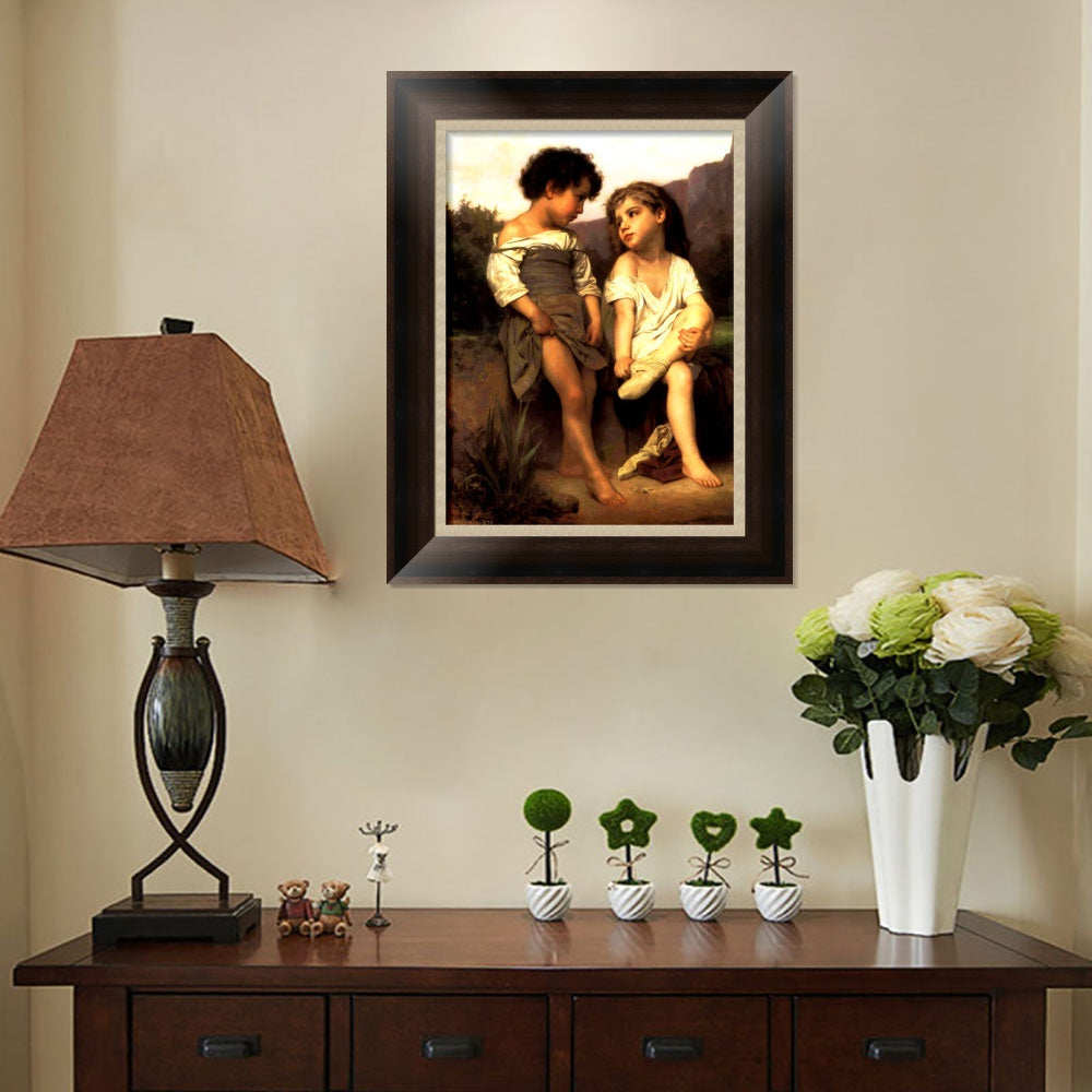INVIN ART Framed Canvas Art Giclee Print At the Edge of the Brook by William Adolphe Bouguereau Wall Art Living Room Home Office Decorations