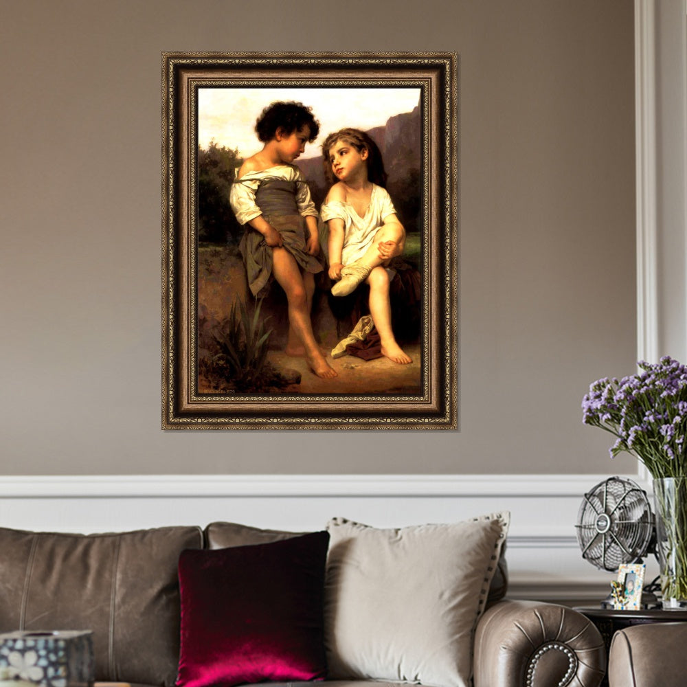 INVIN ART Framed Canvas Art Giclee Print At the Edge of the Brook by William Adolphe Bouguereau Wall Art Living Room Home Office Decorations