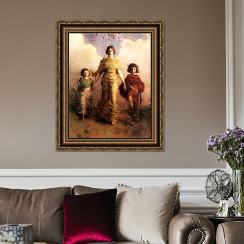 INVIN ART Framed Canvas Art Giclee Print woman holding 2 children by William Adolphe Bouguereau Wall Art Living Room Home Office Decorations
