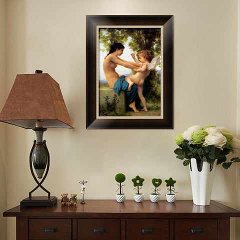 INVIN ART Framed Canvas Art Giclee Print A Young Girl Defending Herself Against Eros (1880) by William Adolphe Bouguereau Wall Art Living Room Home Office Decorations