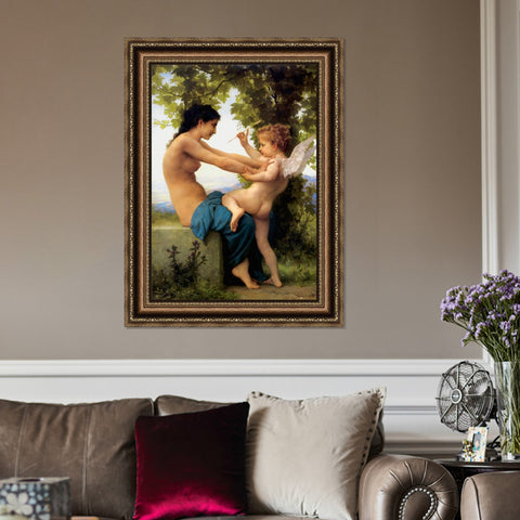 INVIN ART Framed Canvas Art Giclee Print A Young Girl Defending Herself Against Eros (1880) by William Adolphe Bouguereau Wall Art Living Room Home Office Decorations