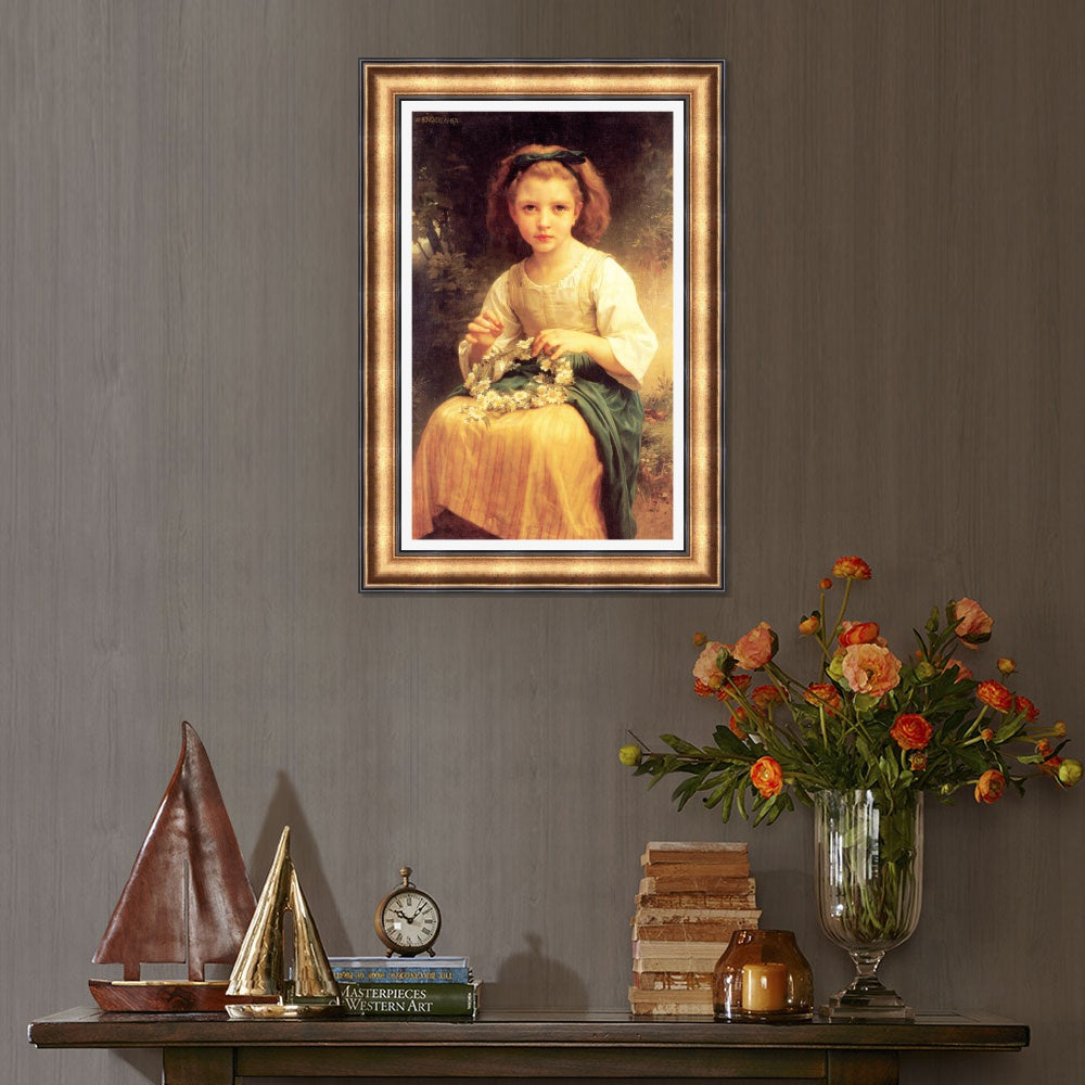 INVIN ART Framed Canvas Art Giclee Print Child Braiding A Crown (1874) by William Adolphe Bouguereau Wall Art Living Room Home Office Decorations
