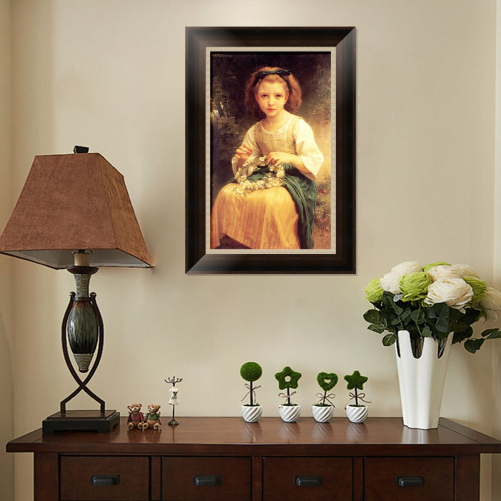 INVIN ART Framed Canvas Art Giclee Print Child Braiding A Crown (1874) by William Adolphe Bouguereau Wall Art Living Room Home Office Decorations