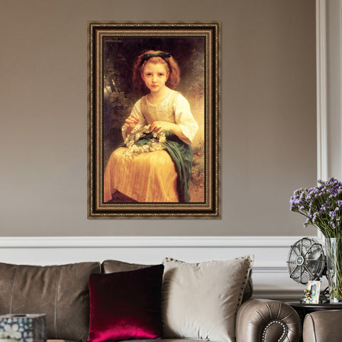 INVIN ART Framed Canvas Art Giclee Print Child Braiding A Crown (1874) by William Adolphe Bouguereau Wall Art Living Room Home Office Decorations