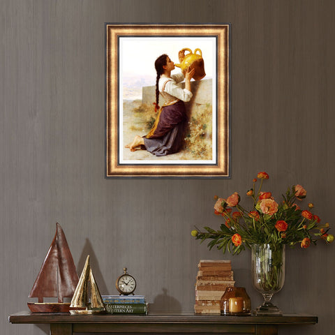 INVIN ART Framed Canvas Art Giclee Print Thirst by a Wall, Drinking Water From a Jar by William Adolphe Bouguereau