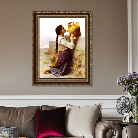 INVIN ART Framed Canvas Art Giclee Print Thirst by a Wall, Drinking Water From a Jar by William Adolphe Bouguereau
