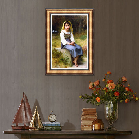 INVIN ART Framed Canvas Art Giclee Print Meditation by William Adolphe Bouguereau Wall Art Living Room Home Office Decorations