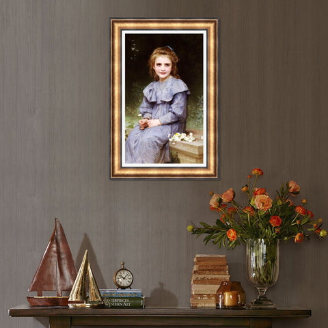 INVIN ART Framed Canvas Art Giclee Print Seated girl with flower by William Adolphe Bouguereau Wall Art Living Room Home Office Decorations