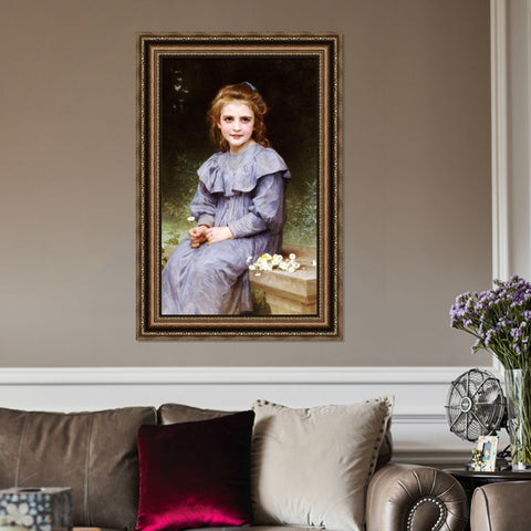INVIN ART Framed Canvas Art Giclee Print Seated girl with flower by William Adolphe Bouguereau Wall Art Living Room Home Office Decorations