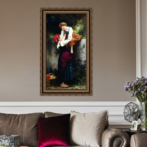 INVIN ART Framed Canvas Art Giclee Print Woman and Little Thieves by William Adolphe Bouguereau Wall Art Living Room Home Office Decorations