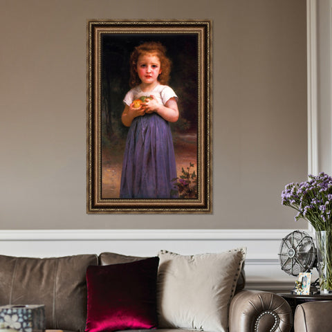 INVIN ART Framed Canvas Art Giclee Print Little Girl Holding Apples in her Hands by William Adolphe Bouguereau Wall Art Living Room Home Office Decorations