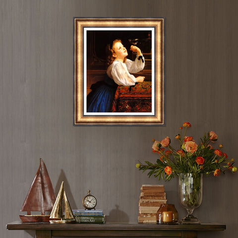 INVIN ART Framed Canvas Art Giclee Print Child with Bird by William Adolphe Bouguereau Wall Art Living Room Home Office Decorations