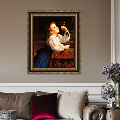 INVIN ART Framed Canvas Art Giclee Print Child with Bird by William Adolphe Bouguereau Wall Art Living Room Home Office Decorations
