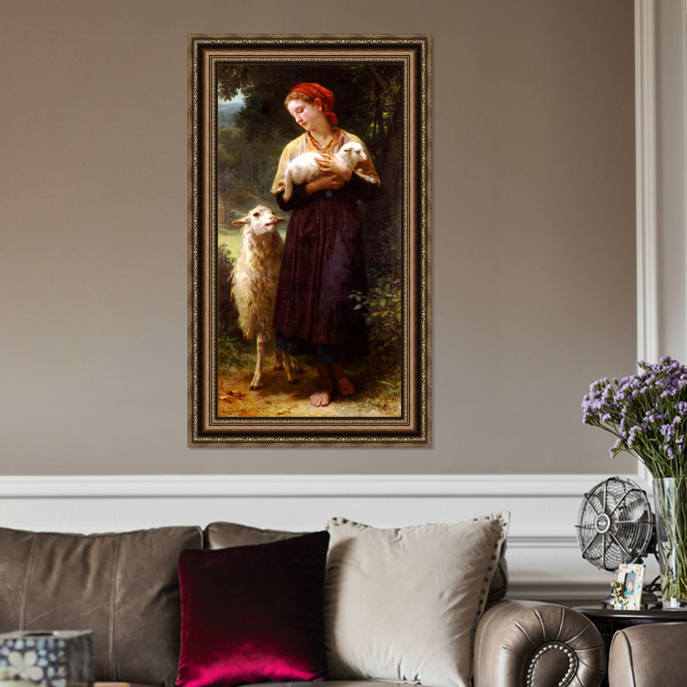 INVIN ART Framed Canvas Art Giclee Print The Newborn Lamb by William Adolphe Bouguereau Wall Art Living Room Home Office Decorations