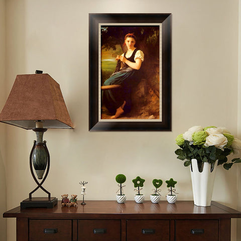 INVIN ART Framed Canvas Art Giclee Print The Knitting Girl by William Adolphe Bouguereau Wall Art Living Room Home Office Decorations