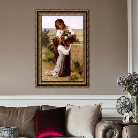 INVIN ART Framed Canvas Art Giclee Print At The Fountain by William Adolphe Bouguereau Wall Art Living Room Home Office Decorations
