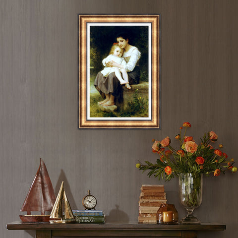INVIN ART Framed Canvas Art Giclee Print Big Sister by William Adolphe Bouguereau Wall Art Living Room Home Office Decorations