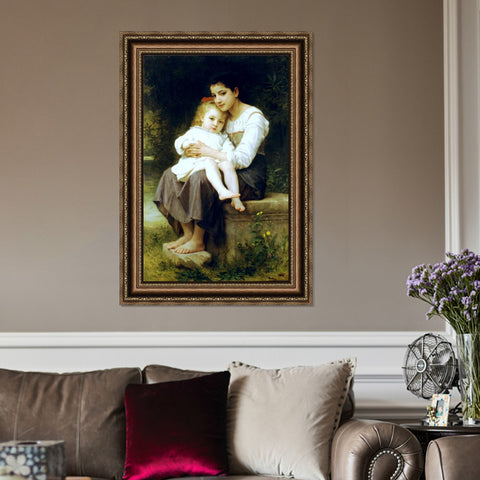 INVIN ART Framed Canvas Art Giclee Print Big Sister by William Adolphe Bouguereau Wall Art Living Room Home Office Decorations