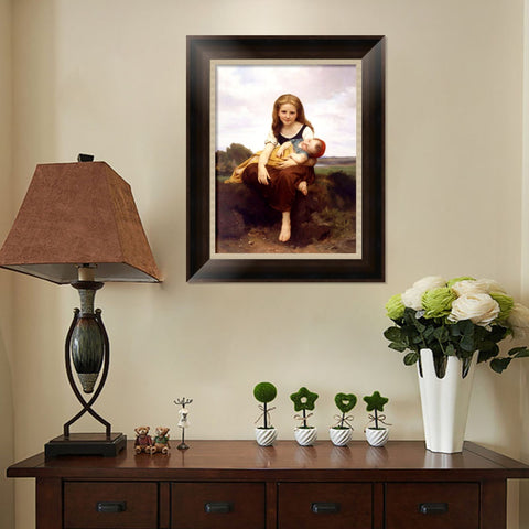 INVIN ART Framed Canvas Art Giclee Print The Elder Sister by William Adolphe Bouguereau Wall Art Living Room Home Office Decorations