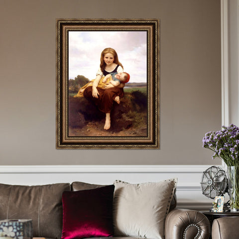 INVIN ART Framed Canvas Art Giclee Print The Elder Sister by William Adolphe Bouguereau Wall Art Living Room Home Office Decorations