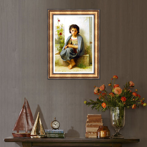 INVIN ART Framed Canvas Art Giclee Print The Little Knitter by William Adolphe Bouguereau Wall Art Living Room Home Office Decorations