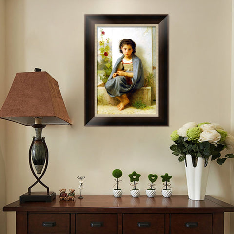 INVIN ART Framed Canvas Art Giclee Print The Little Knitter by William Adolphe Bouguereau Wall Art Living Room Home Office Decorations