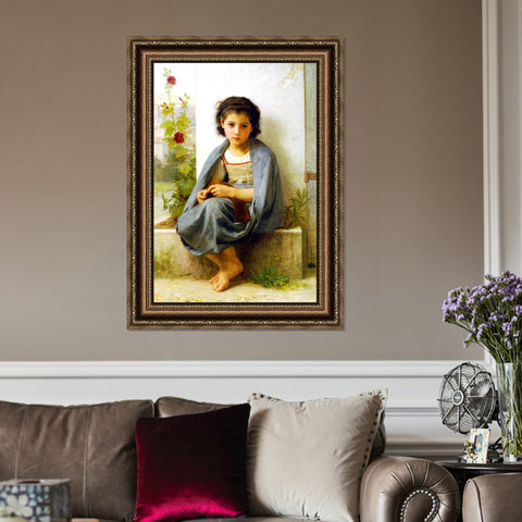 INVIN ART Framed Canvas Art Giclee Print The Little Knitter by William Adolphe Bouguereau Wall Art Living Room Home Office Decorations