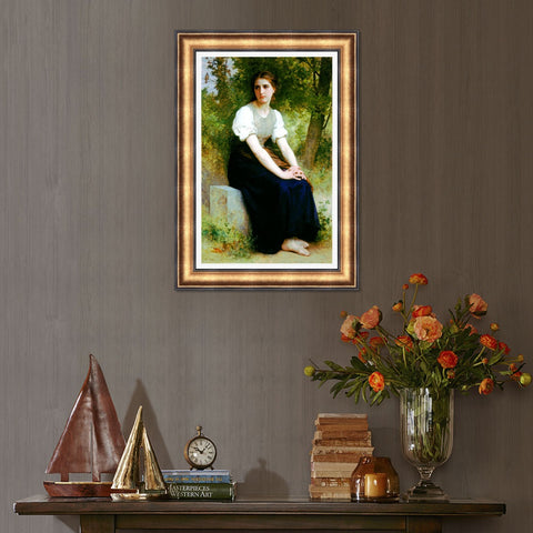 INVIN ART Framed Canvas Art Giclee Print Young Woman Sitting on a Stone Slab#101 by William Adolphe Bouguereau Wall Art Living Room Home Office Decorations