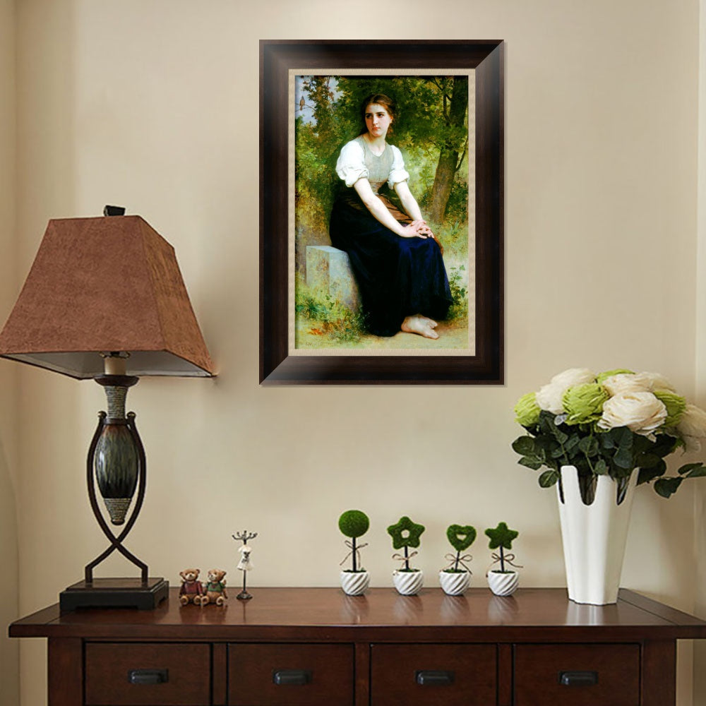 INVIN ART Framed Canvas Art Giclee Print Young Woman Sitting on a Stone Slab#101 by William Adolphe Bouguereau Wall Art Living Room Home Office Decorations