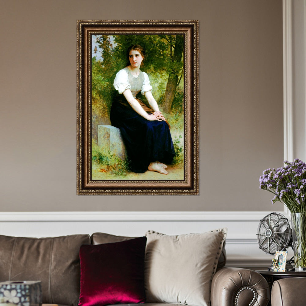 INVIN ART Framed Canvas Art Giclee Print Young Woman Sitting on a Stone Slab#101 by William Adolphe Bouguereau Wall Art Living Room Home Office Decorations
