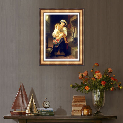 INVIN ART Framed Canvas Art Giclee Print Young Mother Gazing at Her Child by William Adolphe Bouguereau Wall Art Living Room Home Office Decorations