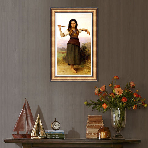 INVIN ART Framed Canvas Art Giclee Print The Shepherdess,1889 by William Adolphe Bouguereau Wall Art Living Room Home Office Decorations