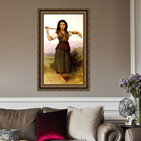 INVIN ART Framed Canvas Art Giclee Print The Shepherdess,1889 by William Adolphe Bouguereau Wall Art Living Room Home Office Decorations