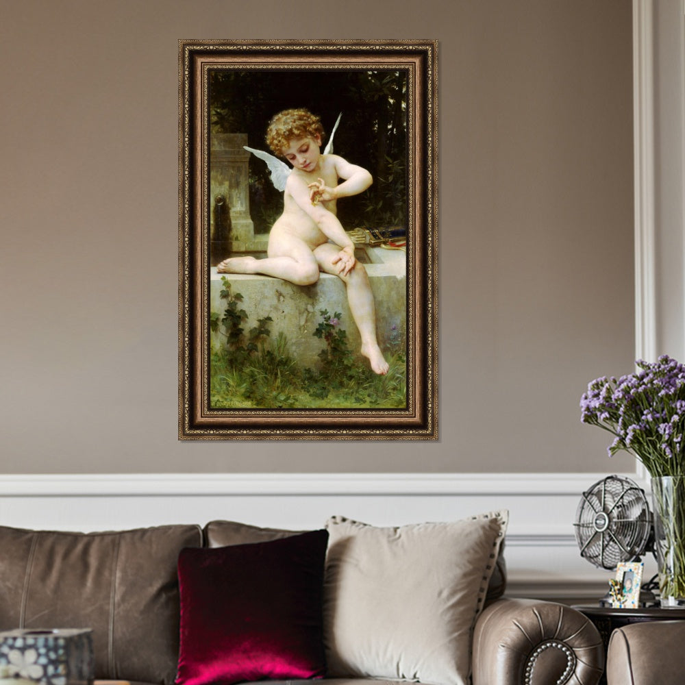 INVIN ART Framed Canvas Art Giclee Print Cupid with Butterfly by William Adolphe Bouguereau Wall Art Living Room Home Office Decorations